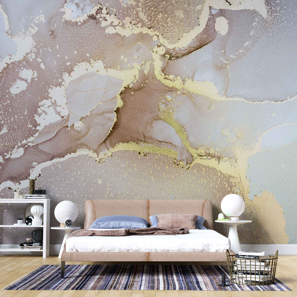 Tapet personalizat marble in nuante de roz somon cu insertii aurii golden salmon