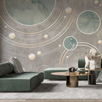 Tapet personalizat marble cu cercuri abstracte in nuante de verde menta si maro marble solar system
