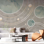 Tapet personalizat marble cu cercuri abstracte in nuante de verde menta si maro marble solar system