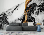 Tapet personalizat marble cu o textura de piatra asemanatoare lavei solidificate cu nuante aurii si negre pentru un impact vizual puternic gold lava