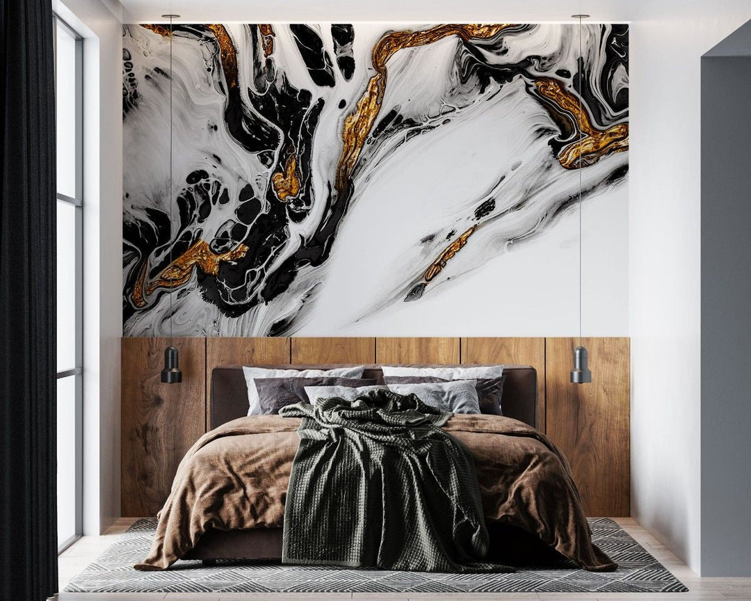 Tapet personalizat marble cu un design fluid de marmura predominant auriu si alb evocand rafinament fluid gold