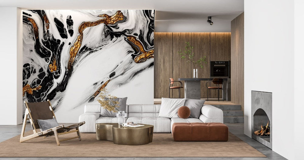 Tapet personalizat marble cu un design fluid de marmura predominant auriu si alb evocand rafinament fluid gold