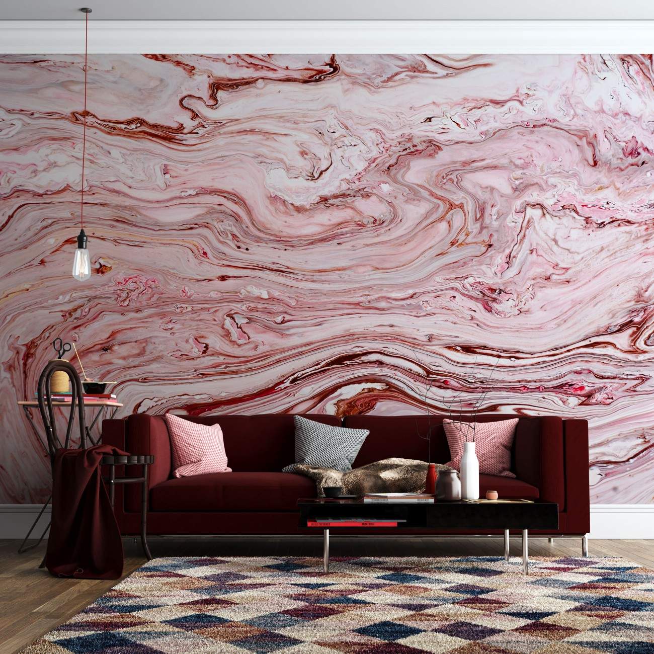 tapet personalizat marble cu o piatra in tonuri de alb si rosu inspirand o estetica dulce si vibranta candycane
