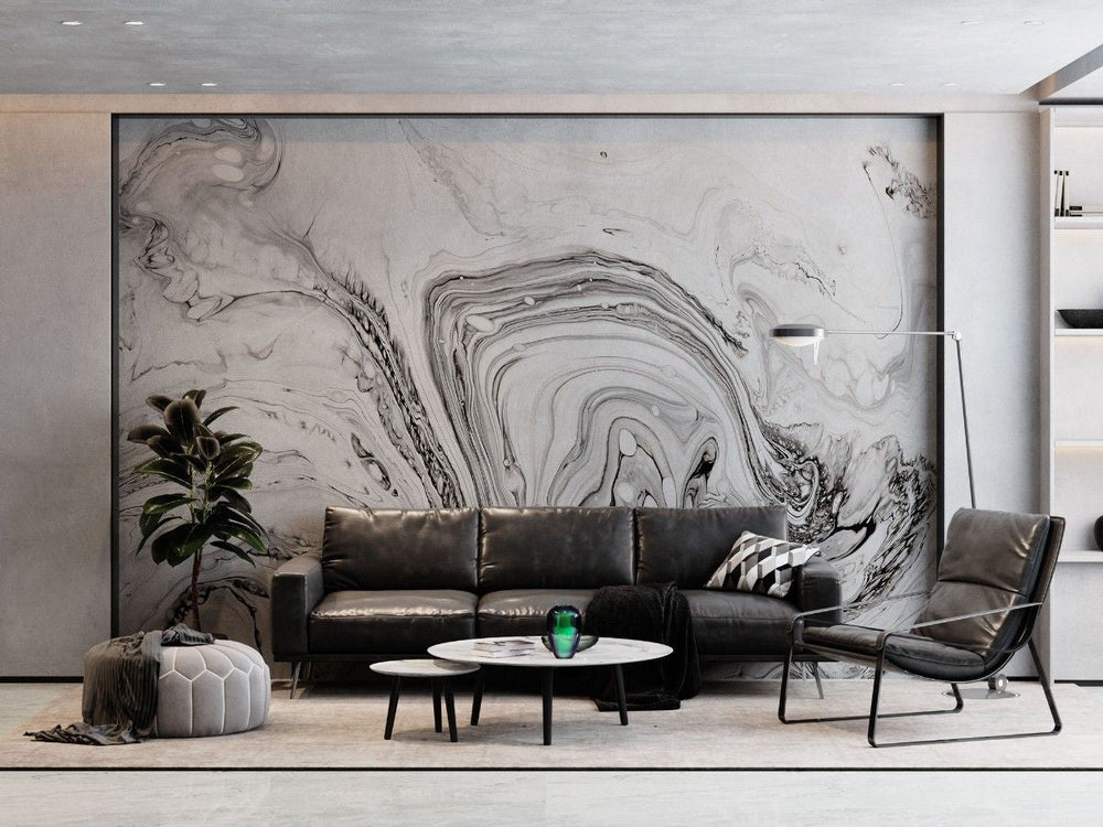 Tapet personalizat marble cu o marmura neagra cu insertii albe si gri asemanatoare cernelii ce adauga eleganta clasica spatiului white ink ii