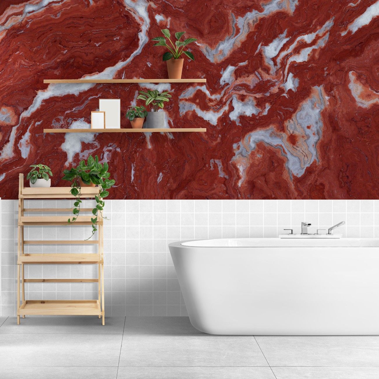 tapet personalizat marble cu o marmura eleganta in tonuri de rosu intens si alb ce adauga o nota indrazneata si o atmosfera orientala rosso oriental