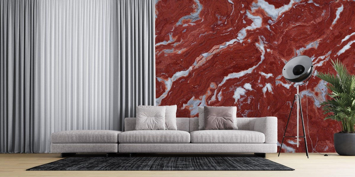 tapet personalizat marble cu o marmura eleganta in tonuri de rosu intens si alb ce adauga o nota indrazneata si o atmosfera orientala rosso oriental