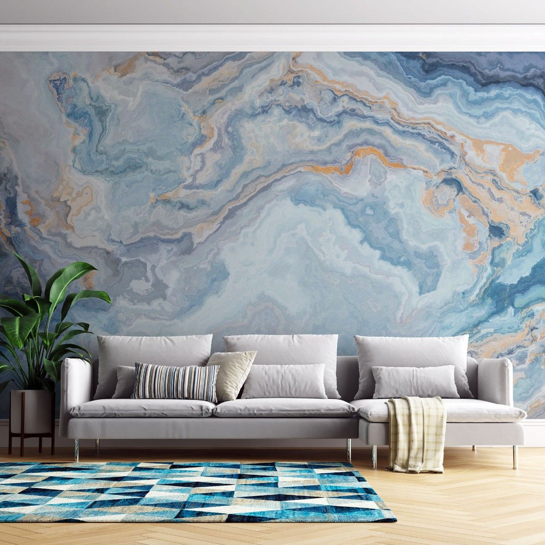 Tapet personalizat marble cu o textura de piatra in tonuri de albastru pal si alb inspirata de ghetari creand o atmosfera senina arctic ii