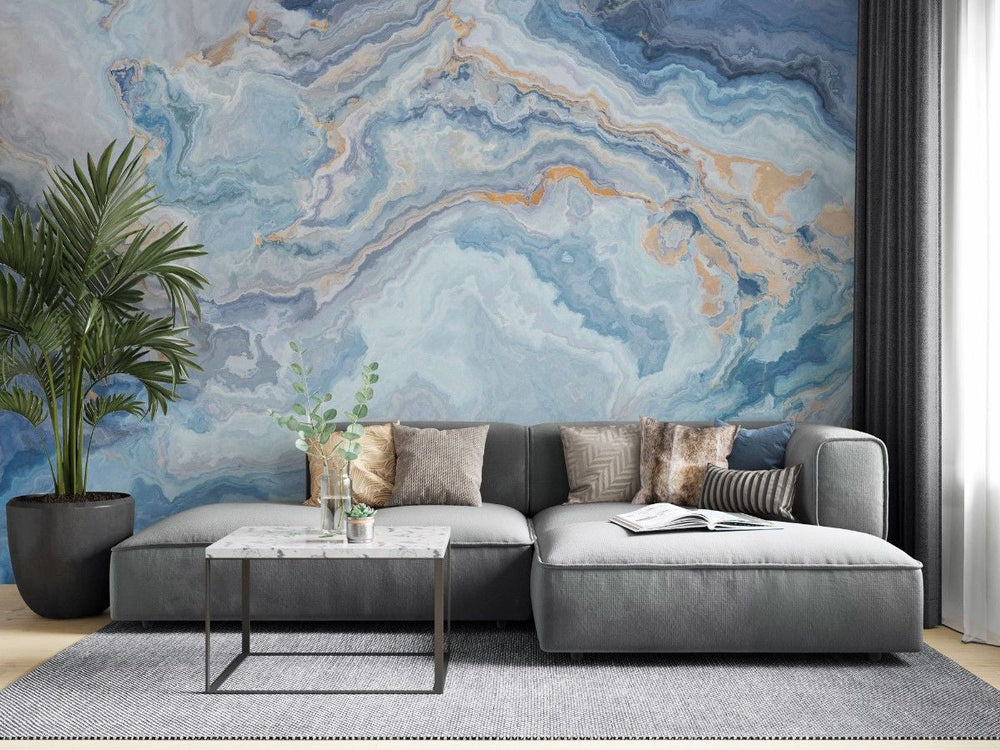 Tapet personalizat marble cu o textura de piatra in tonuri de albastru pal si alb inspirata de ghetari creand o atmosfera senina arctic ii