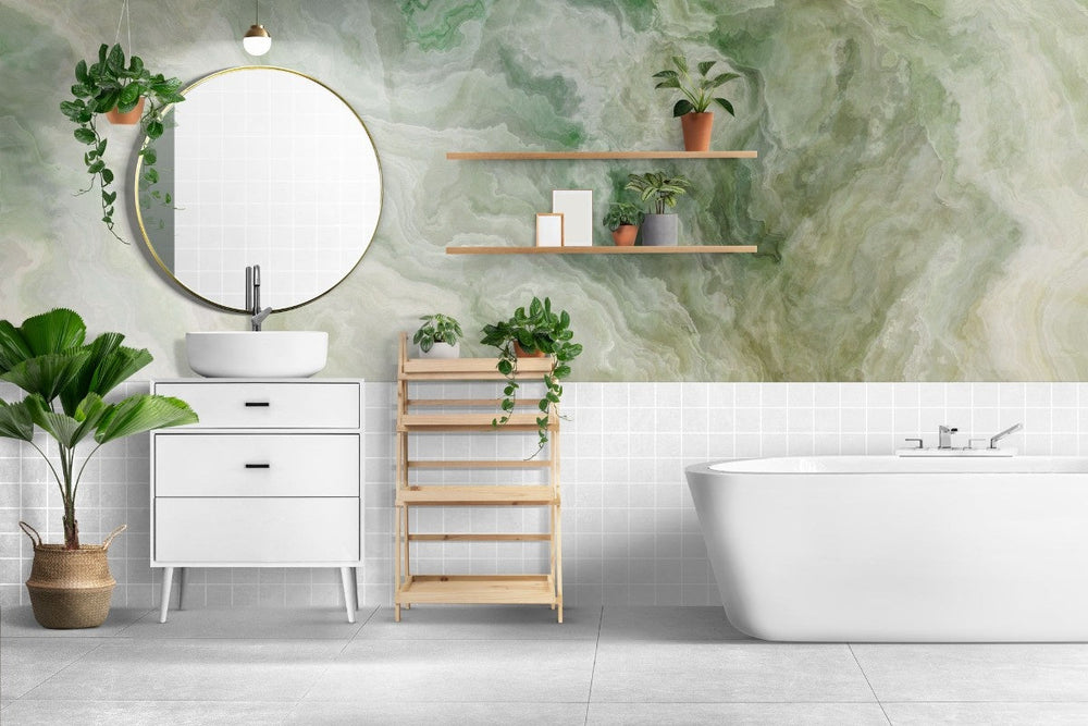 Tapet personalizat marble cu o piatra semipretioasa de onix verde cu insertii distincte aducand o nota de lux natural green onyx