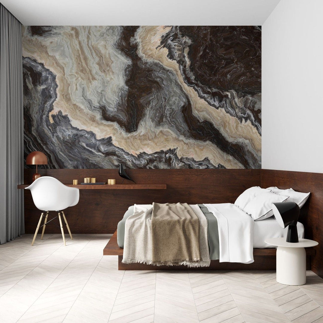 Tapet personalizat marble cu o marmura bogata in nuante de maro inchis si accente de cafeniu creand un decor sofisticat dark chocolate