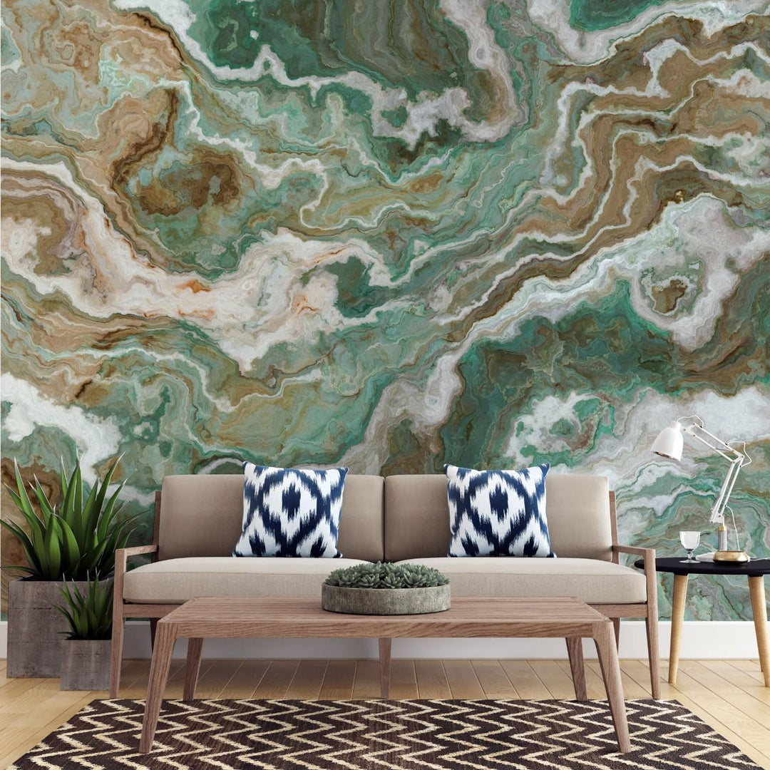 Tapet personalizat marble cu o marmura in tonuri profunde de verde cu insertii albe si negre ce adauga eleganta si prospetime green marble