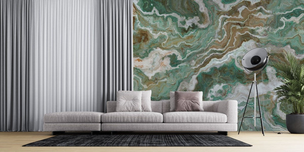 Tapet personalizat marble cu o marmura in tonuri profunde de verde cu insertii albe si negre ce adauga eleganta si prospetime green marble