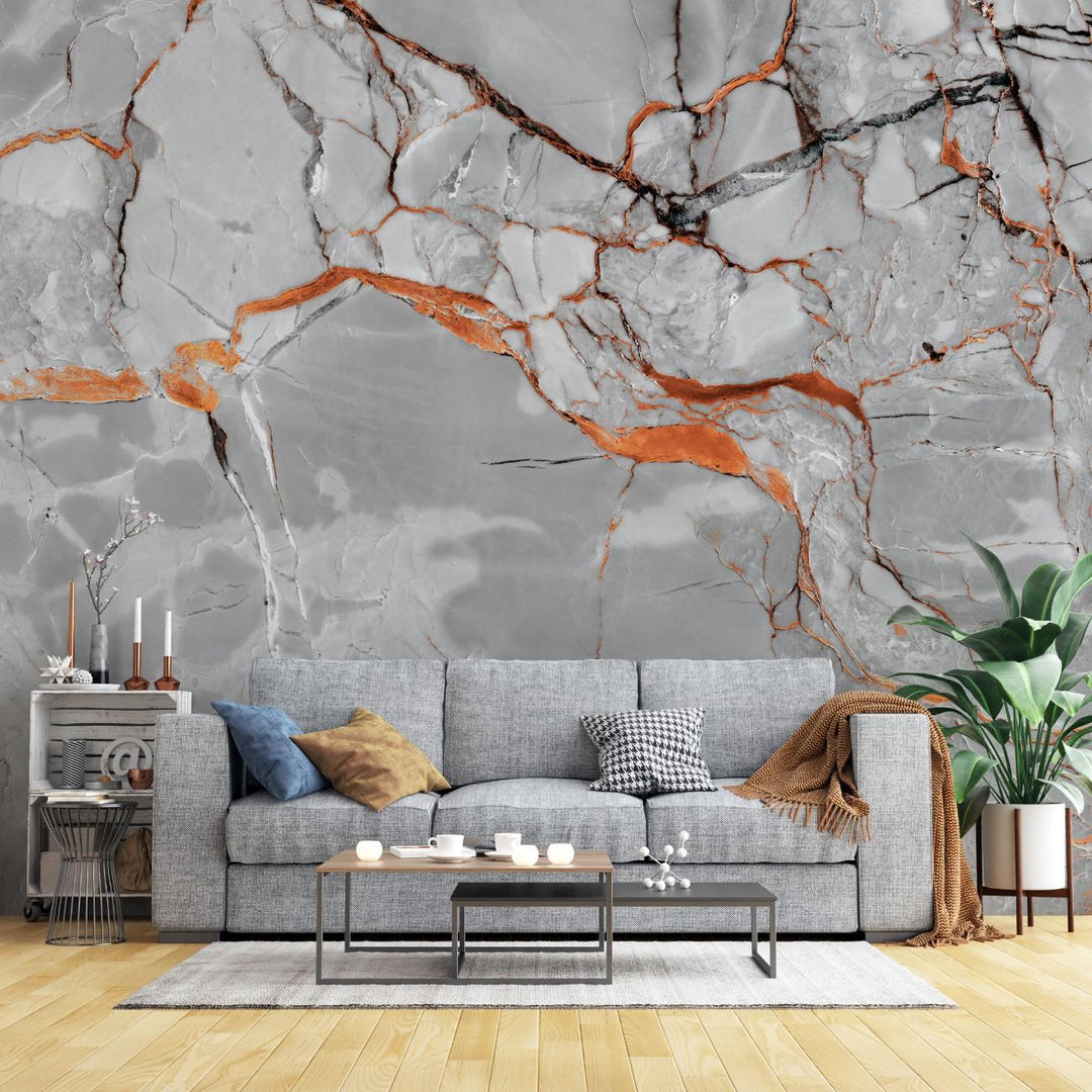 Tapet personalizat marble cu o textura de piatra in tonuri vibrante de rosu portocaliu si negru evocand energia focului lava stone