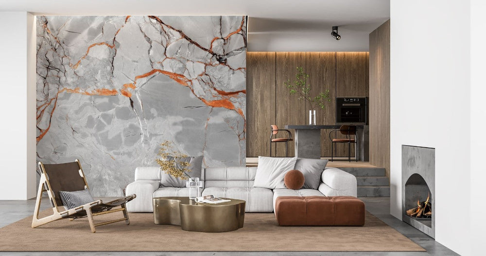Tapet personalizat marble cu o textura de piatra in tonuri vibrante de rosu portocaliu si negru evocand energia focului lava stone