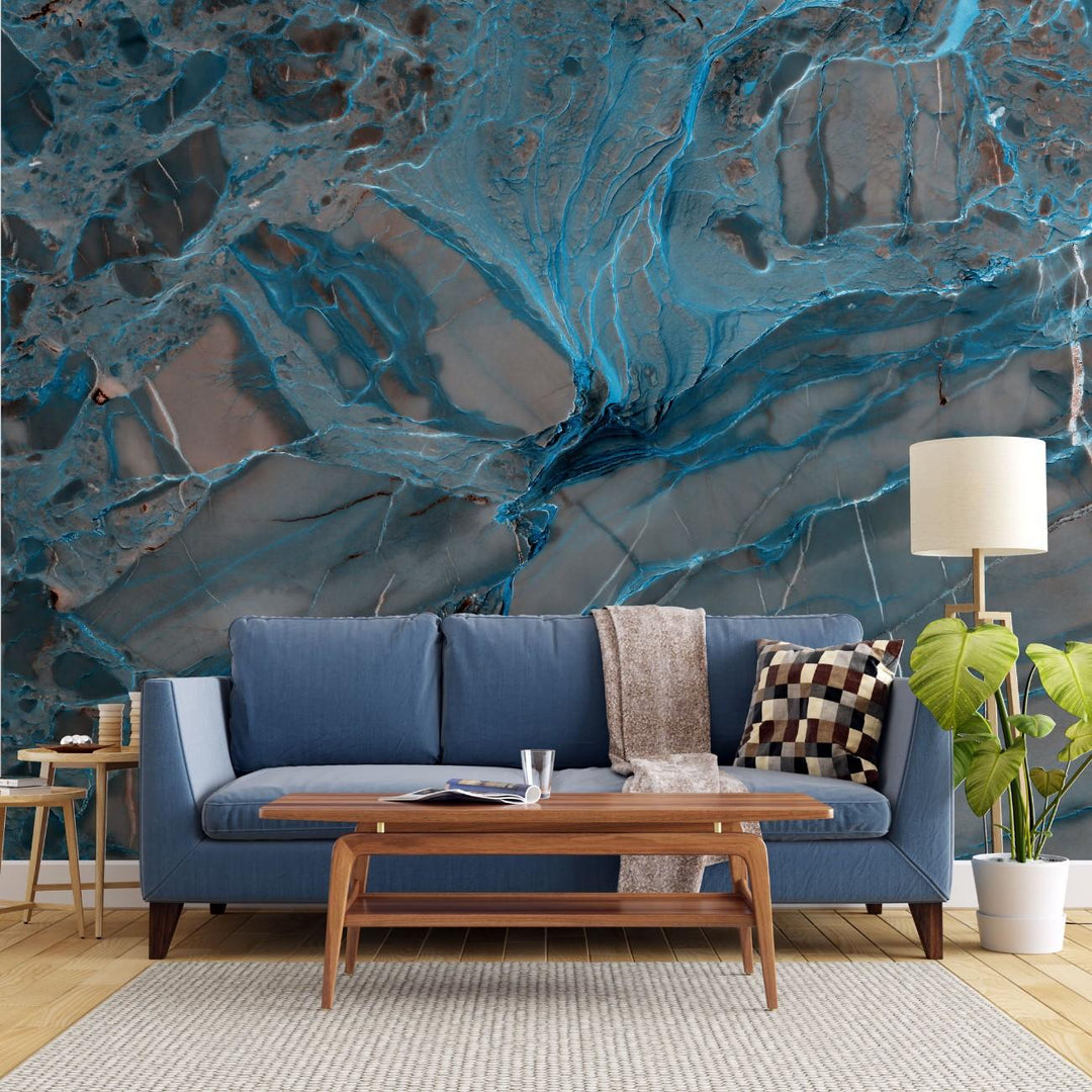 Tapet personalizat marble cu un model de marmura dinamic cu insertii albastre si galbene ce aduc un aer modern si energic electric marble