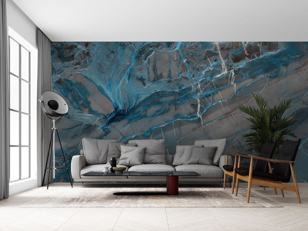 Tapet personalizat marble cu un model de marmura dinamic cu insertii albastre si galbene ce aduc un aer modern si energic electric marble