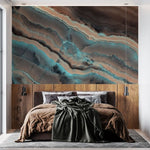 Tapet personalizat marble cu marmura in nuante de turcoaz si maro cald cu modele organice ce inspira armonie tobacco turquoise