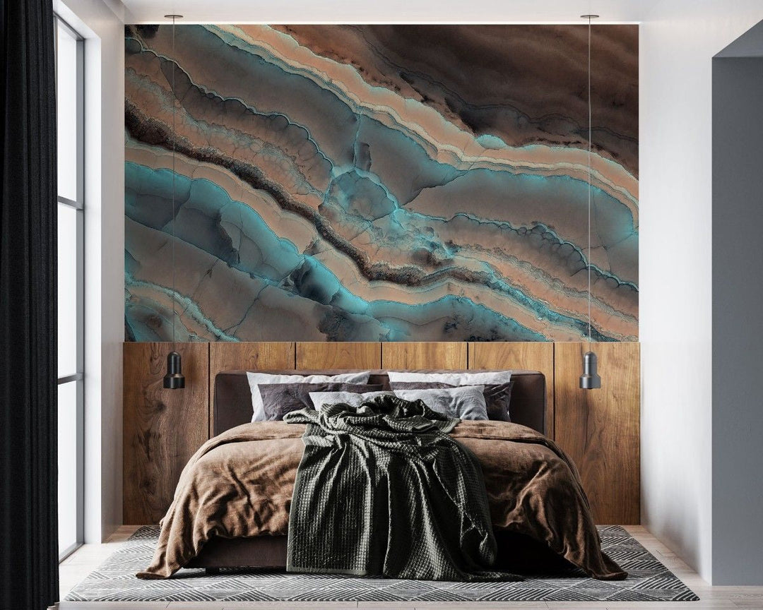 Tapet personalizat marble cu marmura in nuante de turcoaz si maro cald cu modele organice ce inspira armonie tobacco turquoise