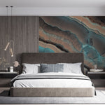 Tapet personalizat marble cu marmura in nuante de turcoaz si maro cald cu modele organice ce inspira armonie tobacco turquoise