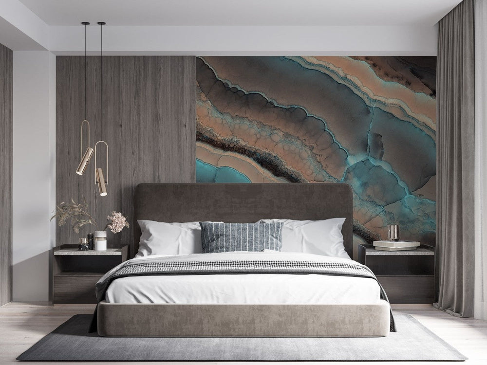 Tapet personalizat marble cu marmura in nuante de turcoaz si maro cald cu modele organice ce inspira armonie tobacco turquoise