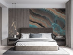 Tapet personalizat marble cu marmura in nuante de turcoaz si maro cald cu modele organice ce inspira armonie tobacco turquoise