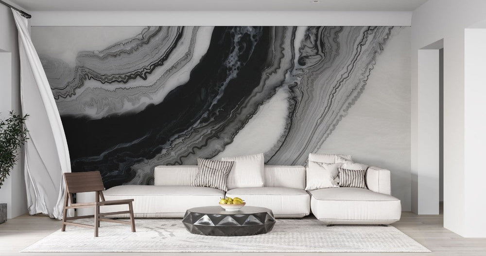 Tapet personalizat marble cu o marmura cu un contrast puternic de alb si negru cu modele indraznete panda