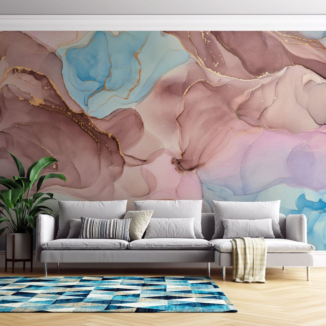 Tapet personalizat marble cu o marmura roz cu puternice insertii negre creand un contrast indraznet si modern pink contrast