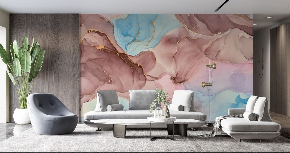 Tapet personalizat marble cu o marmura roz cu puternice insertii negre creand un contrast indraznet si modern pink contrast