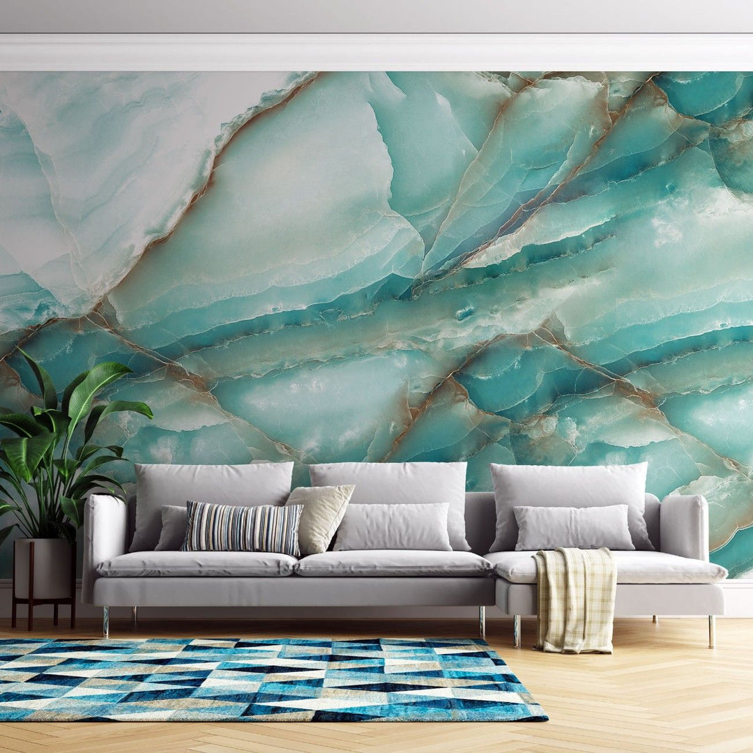 Fototapet personalizat marble cu o textura de piatra in tonuri reci de albastru deschis si alb evocand peisajele glaciare iceland