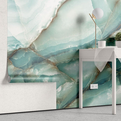 fototapet personalizat marble cu o textura de piatra in tonuri reci de albastru deschis si alb evocand peisajele glaciare iceland