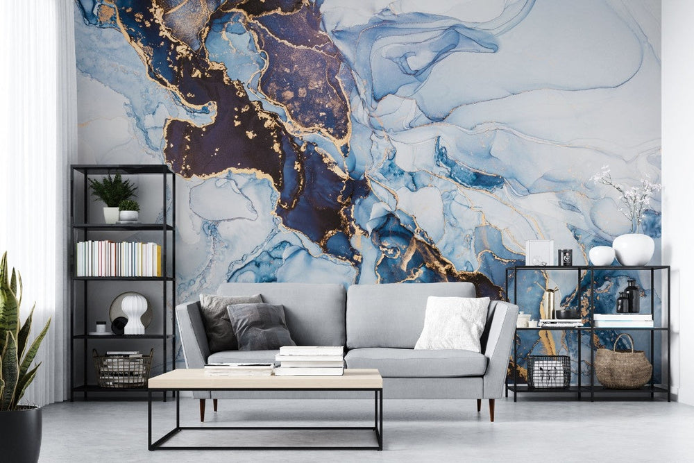 Tapet personalizat marble cu o marmura in nuante profunde de albastru inchis cu accente luminoase pentru un aspect sofisticat midnight blue