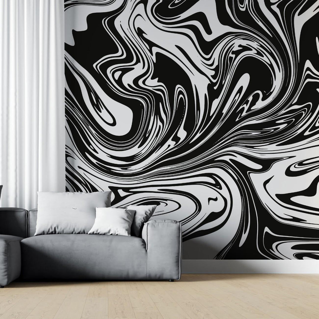 Tapet personalizat marble cu un model de marmura acril neagra cu alb ce creeaza un design dinamic si elegant black swirl