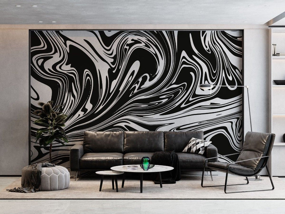 Tapet personalizat marble cu un model de marmura acril neagra cu alb ce creeaza un design dinamic si elegant black swirl
