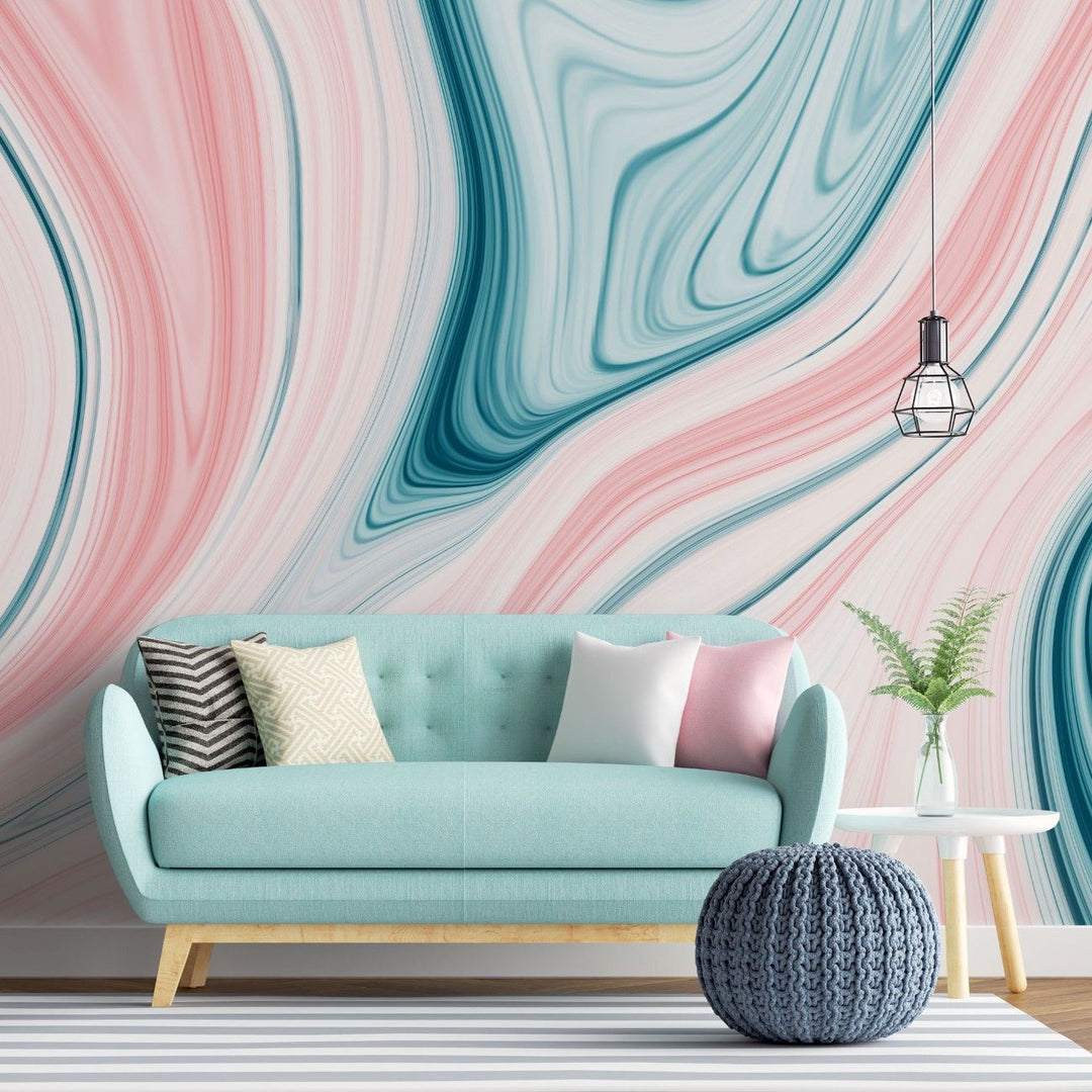 Tapet personalizat marble cu o piatra in nuante de roz pudrat si albastru deschis cu modele rotunde ce aduc un aspect vesel bubblegum