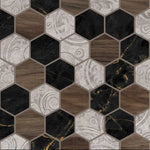 Tapet personalizat wood cu model geometric in forma de fagure si textura de lemn is marmura alba si neagra wood marble honeycomb