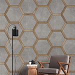 Tapet Personalizat Wood cu combinatie de lemn si ciment dispusa hexagonal - CONCRETE HONEYCOMB
