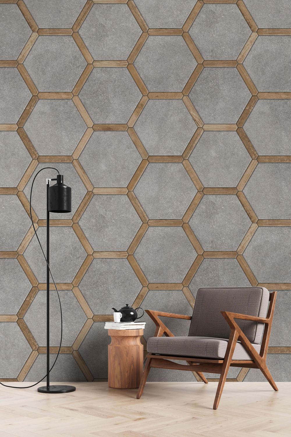 Tapet Personalizat Wood cu combinatie de lemn si ciment dispusa hexagonal - CONCRETE HONEYCOMB
