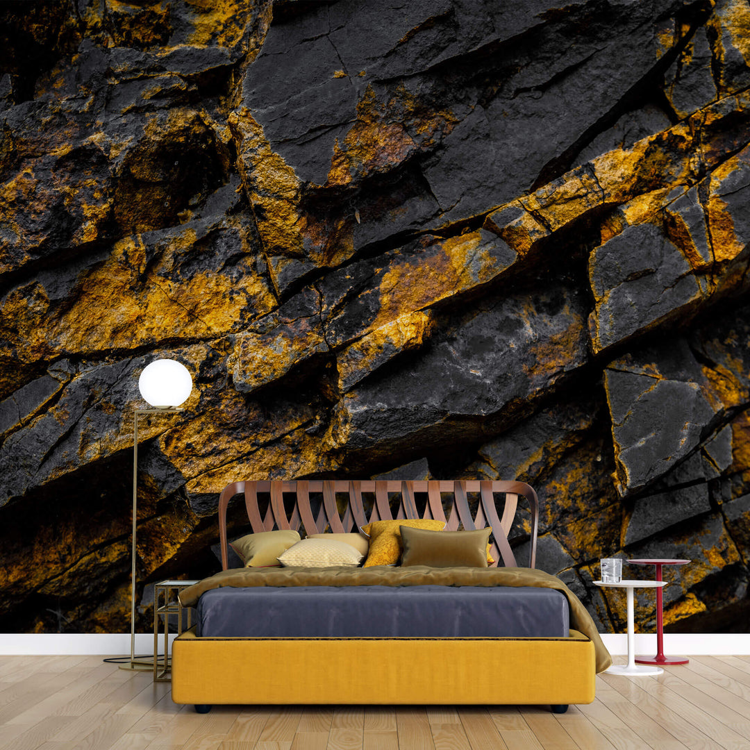 Tapet Personalizat Stone cu perete de piatra negru cu pete aurii ruginii - RUSTY ONYX