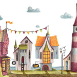 Tapet personalizat taramul printeselor pentru copii cu casute tip castel in orasel maritim seaside village