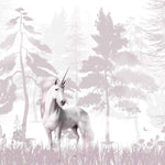 Tapet Personalizat Taramul Printeselor pentru copii cu uniccorn alb intr-o padure cu nuante mov pastel - FOREST UNICORN