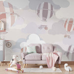 Tapet Personalizat Taramul Printeselor pentru copii cu baloane cu aer cald in nuante pastelate si cer innorat - PASTEL HOT AIR BALLOONS
