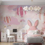Tapet Personalizat Taramul Printeselor pentru copii cu baloane cu aer cald in nuante calde vibrante de roz - PINKY BALLOONS