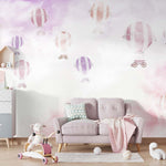Tapet Personalizat Taramul Printeselor pentru copii cu baloane cu aer cald desenate in stil watercolor in nuante de roz - WATERCOLOR BALOONS