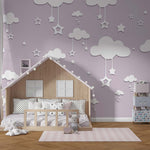 Tapet Personalizat Taramul Printeselor pentru copii cu cer instelat in nuante lila mov - LILA STARRY NIGHT