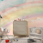 Tapet Personalizat Taramul Printeselor pentru copii cu cer innorat si curcubeu estompat in nuante calde - WARM RAINBOW