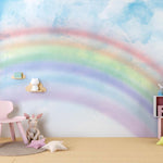 Tapet Personalizat Taramul Printeselor pentru copii cu cer cu nori si curcubeu estompat - BLUE SKY RAINBOW