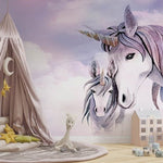 Tapet Personalizat Taramul Printeselor pentru copii cu unicorni printre nori in nuante de mov - MAUVE UNICORNS