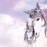 Tapet Personalizat Taramul Printeselor pentru copii cu unicorni printre nori in nuante de mov - MAUVE UNICORNS