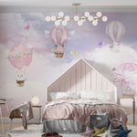 Tapet Personalizat Taramul Printeselor pentru copii cu animalute in baloane roz cu aer cald - PURPLE BUNNY BALLOONS