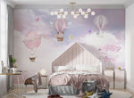 Tapet Personalizat Taramul Printeselor pentru copii cu animalute in baloane roz cu aer cald - PURPLE BUNNY BALLOONS